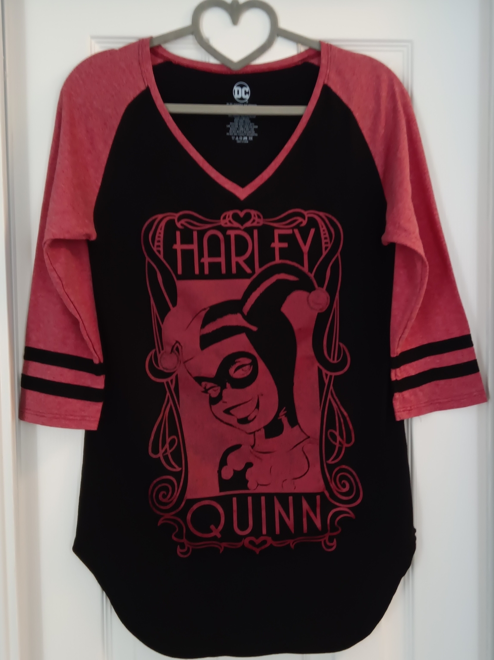 DC Comics Girls' Black & Red Harley Quinn V-Neck Raglan Tee~ Size L(11/13)